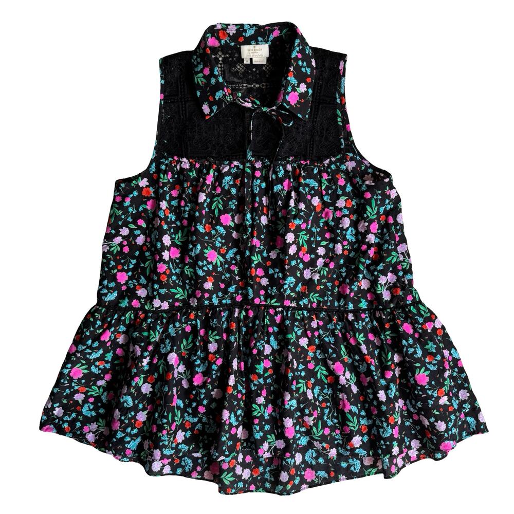 Kate Spade Black Floral Sleeveless Peplum Blouse M Lace Yoke Silk Blend